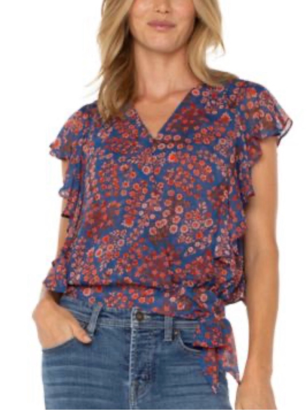 Liverpool Blue Floral Ruffle Sleeve Blouse with Red Print